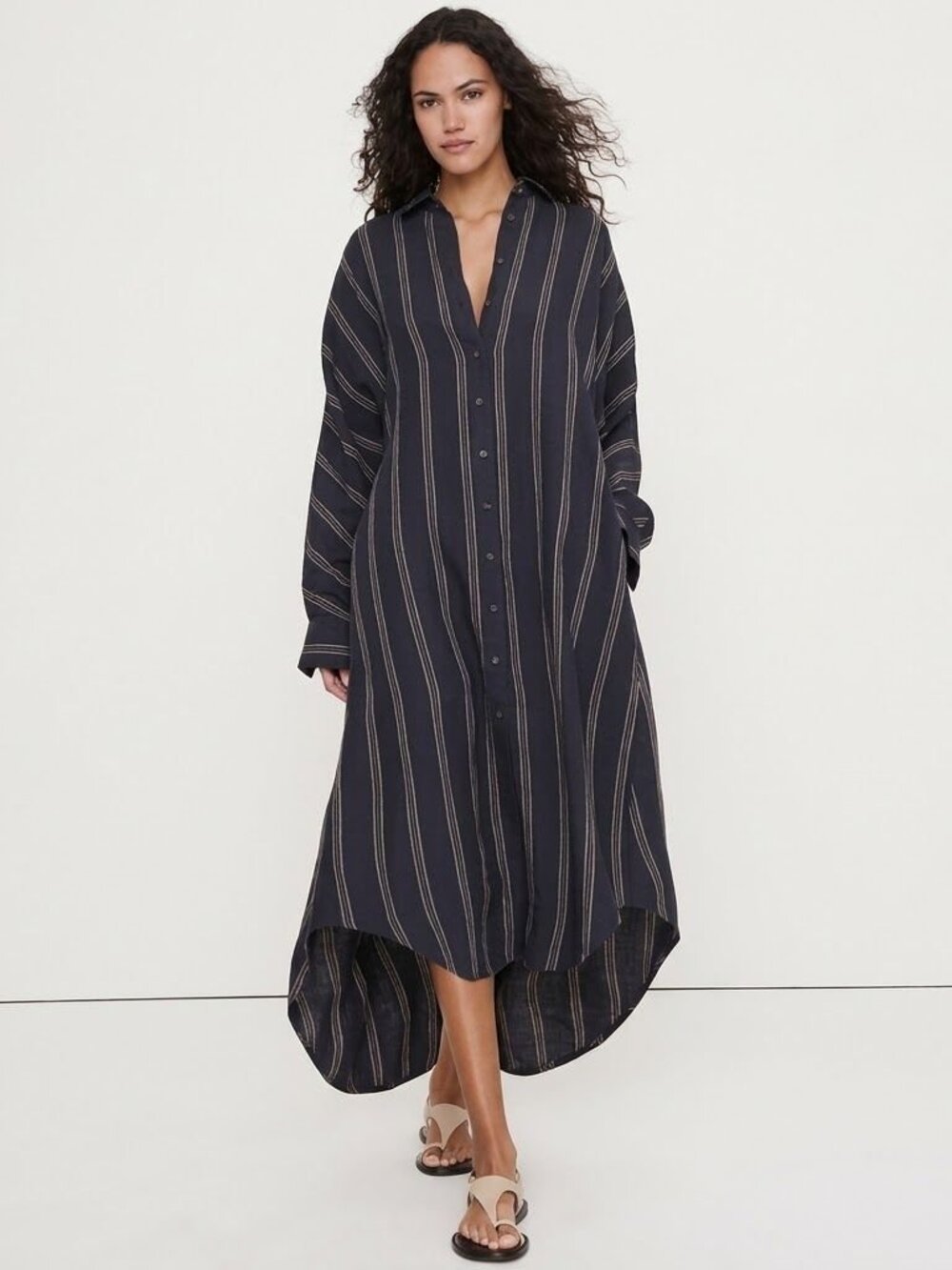 Banana Republic 100% Linen Midi Shirt Dress Gray Striped Size L Spring 2026